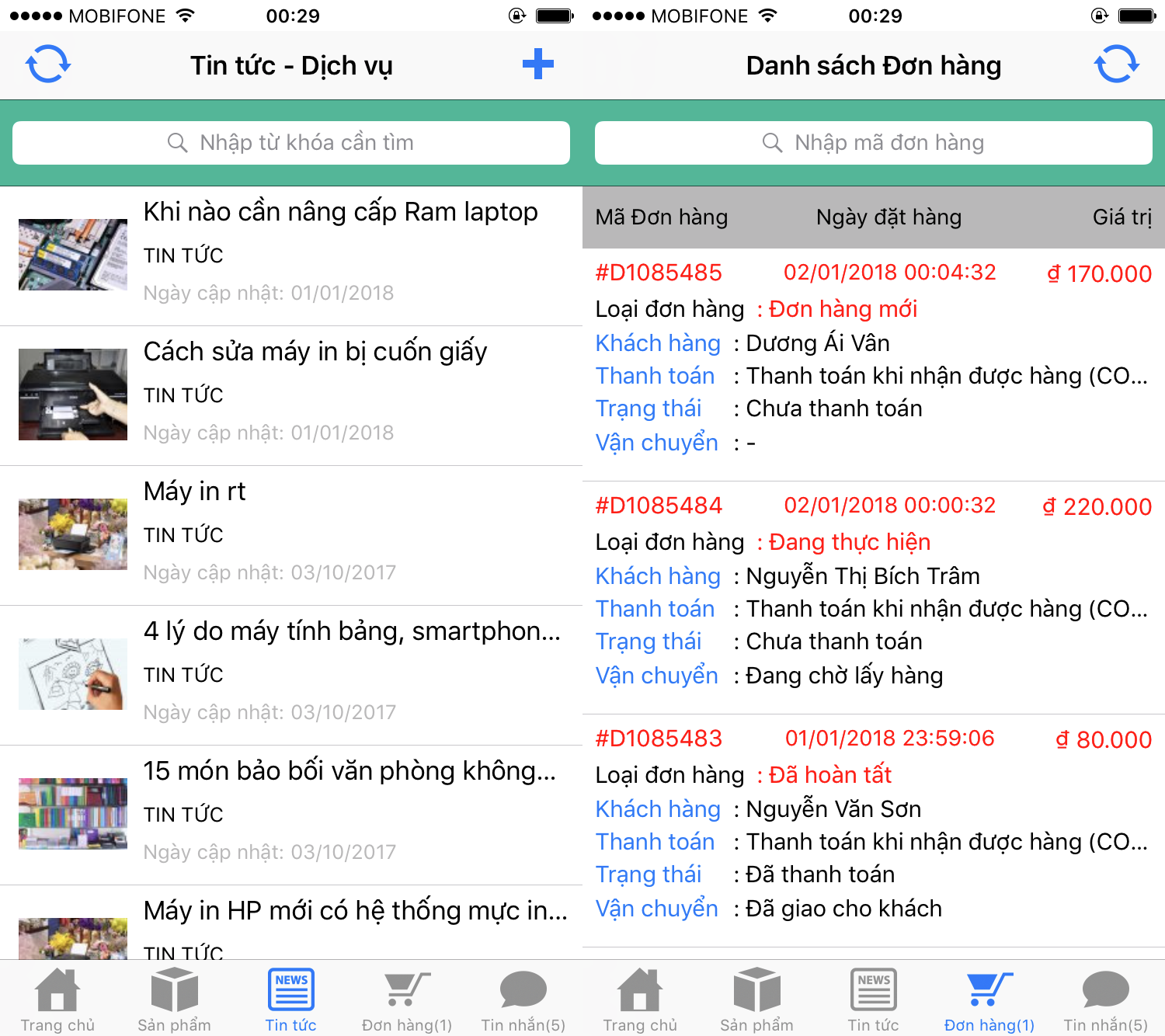 Menu va quan lý san pham